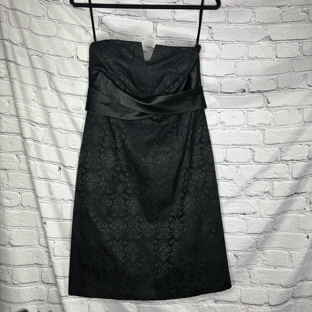 White House Black Market Strapless Black Jacquard Cocktail Dress Satin Waist 6